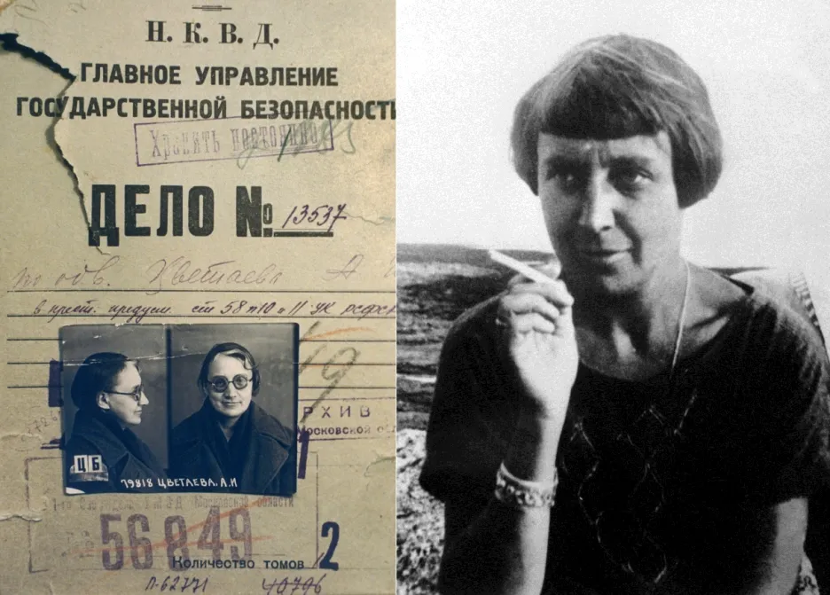 Vlevo: složka NKVD o Marině Cvětajevové, vpravo: básnířka ve Francii (1926)