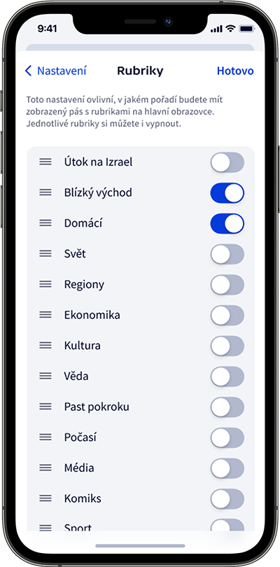 ČT24 aplikace - Možnost nastavit si rubriky a ukládání článků