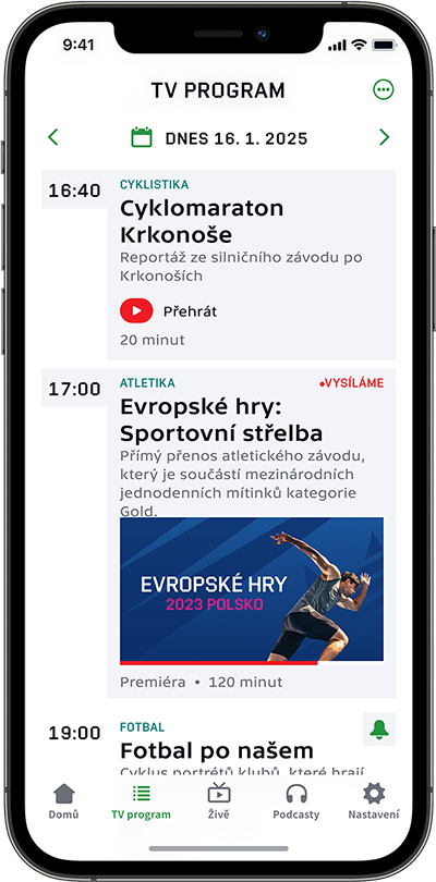 ČT sport aplikace - Program sportovních přenosů s možností posunu v čase